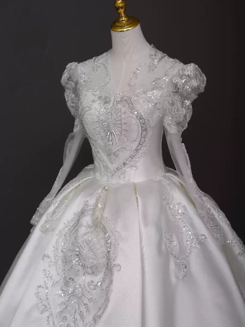 Elegant Satin Wedding Dress Long Sleeve - Vintage Ball Gown Wedding Dress - Vintage Long Sleeve Wedding Dress with Embellished Plus Size